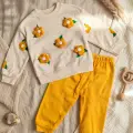 Daisy Bloom Çiçek Desenli Krem Sweatshirt Ve Hardal Eşofman Altı Pamuklu İki Parça Bebek Takımı