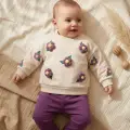 Daisy Bloom Çiçek Desenli Krem Sweatshirt Ve Mor Eşofman Altı Pamuklu İki Parça Bebek Takımı