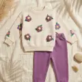 Daisy Bloom Çiçek Desenli Krem Sweatshirt Ve Mor Eşofman Altı Pamuklu İki Parça Bebek Takımı