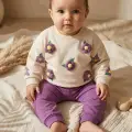 Daisy Bloom Çiçek Desenli Krem Sweatshirt Ve Mor Eşofman Altı Pamuklu İki Parça Bebek Takımı