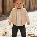 Erkek Bebek 3lü Set - Bej Şişme Yelek, Çizgili Pamuklu Gömlek Ve Siyah Jean Pantolon Takımı