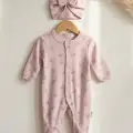 Fiyon Detaylı Boneli Kız Bebek Tulumu. Ayaklı % 100 Pamuklu 0-3 Ay