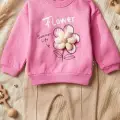 Flora Bloom 3d Papatya Detaylı Pudra Pembe Sweatshirt Ve Fitilli Bej Pantolon Bebek Alt Üst Takım