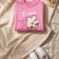 Flora Bloom 3d Papatya Detaylı Pudra Pembe Sweatshirt Ve Fitilli Bej Pantolon Bebek Alt Üst Takım
