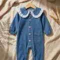 Kız Bebek Vintage Dantel Yaka Pamuklu Kot Tulum - Şık İşlemeli Bebe Yaka Denim Bebek Giyim