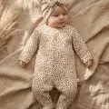 Leopar Detaylı Boneli Kız Bebek Tulumu. Ayaklı % 100 Pamuklu 0-3 Ay