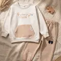 Milo Unisex Çocuk Bej & Ekru Funny Time Ayıcık Baskılı Kanguru Cepli Sweatshirt Ve Jogger Alt Üst Takım
