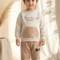 Milo Unisex Çocuk Bej & Ekru Funny Time Ayıcık Baskılı Kanguru Cepli Sweatshirt Ve Jogger Alt Üst Takım