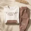 Milo Unisex Çocuk Bej & Ekru Funny Time Ayıcık Baskılı Kanguru Cepli Sweatshirt Ve Jogger Alt Üst Takım
