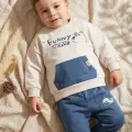 Milo Unisex Çocuk Bej & Mavi Funny Time Ayıcık Baskılı Kanguru Cepli Sweatshirt Ve Jogger Alt Üst Takım