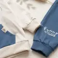 Milo Unisex Çocuk Bej & Mavi Funny Time Ayıcık Baskılı Kanguru Cepli Sweatshirt Ve Jogger Alt Üst Takım