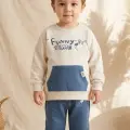 Milo Unisex Çocuk Bej & Mavi Funny Time Ayıcık Baskılı Kanguru Cepli Sweatshirt Ve Jogger Alt Üst Takım