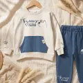 Milo Unisex Çocuk Bej & Mavi Funny Time Ayıcık Baskılı Kanguru Cepli Sweatshirt Ve Jogger Alt Üst Takım