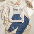 Milo Unisex Çocuk Bej & Mavi Funny Time Ayıcık Baskılı Kanguru Cepli Sweatshirt Ve Jogger Alt Üst Takım