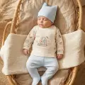 Nova Pamuklu 3’lü Bebek Takımı - 0-3 Ay Mavi Fitilli Legging, Uzay Temalı Kruvaze Üst Alt Ve Bere Seti