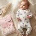 Nube Soft Pamuklu Waffle Dokulu Pembe Bulut Ve Sevimli İnek Desenli 3’lü Bebek Tulum Seti - Fermuarlı Ve Korumalı Yumuşak İnterlok Kumaş