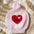 Pembe Triko Kalp Detaylı ı Love Papa Ponponlu Yumuşak Bebek Beresi 0-6 Ay