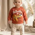 Sky Explorer %100 Pamuklu Erkek Bebek Takımı - Kiremit Uçak Nakışlı Sweatshirt Ve Bej Pantolon Kombini