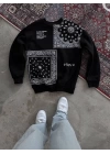 Desenli Üç İplik Bisiklet Yaka Oversize SweatShirt - Siyah