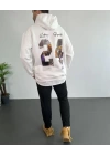 Erkek 24 Sırt Baskılı Ovresize Üç İplik Kapüşonlu Sweatshirt - Beyaz