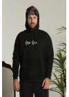 Erkek Sırt Baskılı Oversize Üç İplik Kapüşonlu Sweatshirt - Siyah