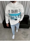 Erkek Yarım Fermuarlı Oversize Baskılı SweatShirt - Beyaz