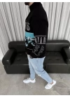 Erkek Yarım Fermuarlı Oversize Baskılı SweatShirt - Siyah