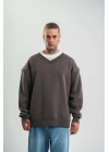 Geniş V yaka Kol Ribana Detaylı SweatShirt - Füme