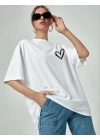 Kadın Bisiklet Yaka Baskılı Oversize T-Shirt - Beyaz