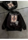 Kadın Bisiklet Yaka Baskılı SweatShirt - Siyah