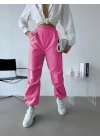 Kadın Paraşüt Kumaş Beli Lastikli Pantalon-Pembe