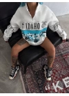 Kadın Yarım Fermuarlı Oversize Baskılı SweatShirt - Beyaz