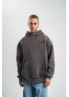 Kapşonlu Double Oversize Yıkamalı Evalı Nakışlı SweatShirt - Füme