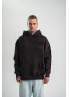 Kapşonlu Double Oversize Yıkamalı Evalı Nakışlı SweatShirt - Kahve