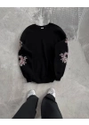 Kışlık Bisiklet Yaka Baskılı SweatShirt - Siyah