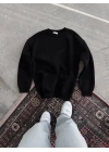 Kışlık Bisiklet Yaka Üç İplik Basic SweatShirt - Siyah