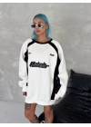 Kışlık Nakış İşlemeli Bisiklet Yaka Parçalı SweatShirt - Beyaz