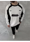 Kışlık Nakış İşlemeli Bisiklet Yaka Parçalı SweatShirt - Beyaz