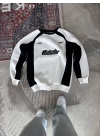 Kışlık Nakış İşlemeli Bisiklet Yaka Parçalı SweatShirt - Beyaz