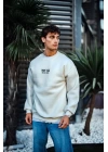 Oversize Bisiklet Yaka Üç İplik Baskılı SweatShirt - Beyaz