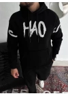 Oversize Kapşonlu Baskılı SweatShirt - Siyah