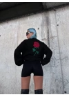 Oversize Üç İplik Bisiklet Yaka Baskılı SweatShirt - Siyah