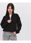 Oversize Yarım Farmuarlı Yakalı Basic SweatShirt - Siyah