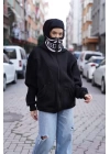 Samuray Kapşonlu ZIP Fermuarlı Çift Kapşonlu Nakışlı SweatShirt- Siyah