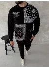 Üç İplik Desenli Bisiklet Yaka Oversize SweatShirt - Siyah