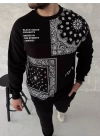 Üç İplik Desenli Bisiklet Yaka Oversize SweatShirt - Siyah