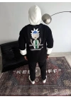 Üç İplik Kapşonlu Parçalı Baskılı SweatShirt - Siyah