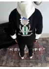 Üç İplik Kapşonlu Parçalı Baskılı SweatShirt - Siyah