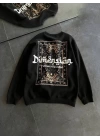 Üç İplik Penye Bisiklet Yaka Baskılı SweatShirt - Siyah