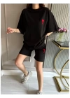 Unisex Baskılı Şortlu Oversize Takım - Siyah